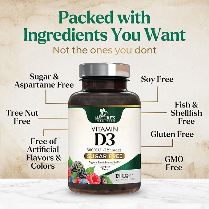 Vitamin D3 5000 IU (125 mcg) Nature's Extra Strength Vitamin D Supplement Chewable for Immune Support Health - Bone, Teeth and Muscle Supplements - Sugar Free, Non-GMO, Gluten Free - 120 Count Tablets