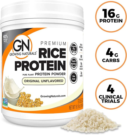 Growing Naturals Organic Rice Protein Powder - 15g Plant Protein, 2.8G BCAA - Low-Carb, Low-Sugar, Non-GMO - Original Unflavored, 16.2 Ounce (Pack of 1)