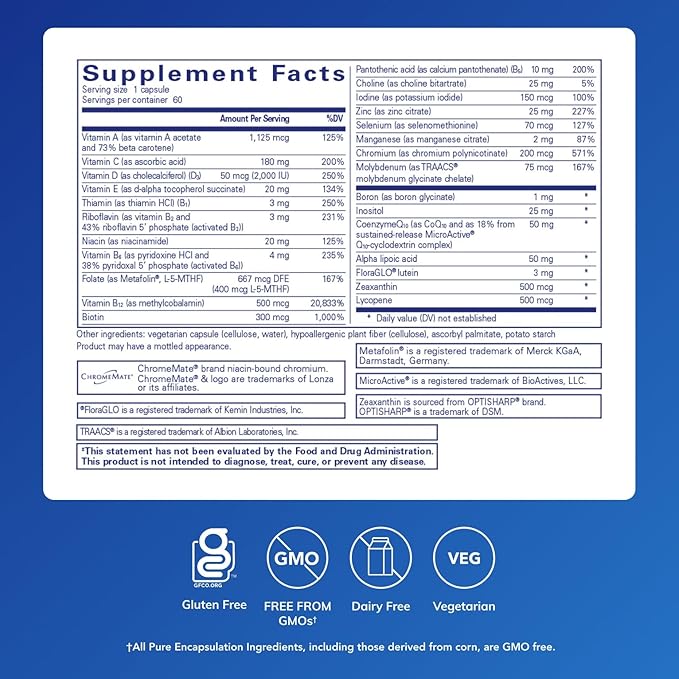 Pure Encapsulations O.N.E. Multivitamin - Once Daily Multivitamin with Antioxidant Complex Metafolin, CoQ10, and Lutein to Support Vision, Cognitive Function, and Cellular Health* - 60 Capsules
