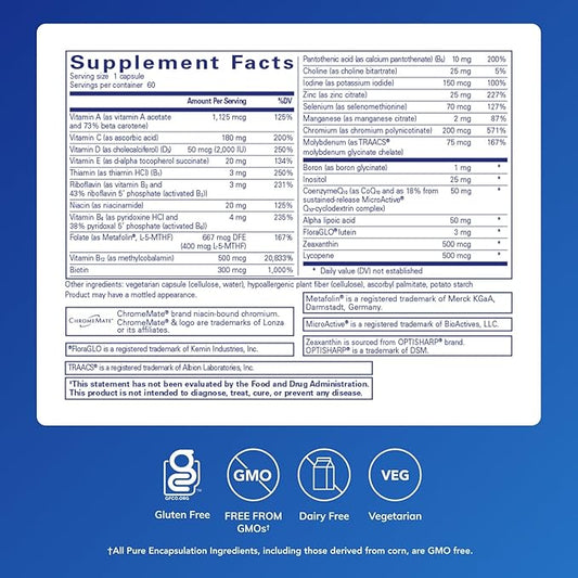Pure Encapsulations O.N.E. Multivitamin - Once Daily Multivitamin with Antioxidant Complex Metafolin, CoQ10, and Lutein to Support Vision, Cognitive Function, and Cellular Health* - 60 Capsules