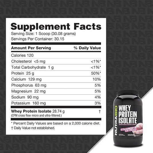 NutraBio 100% Whey Protein Isolate Protein Powder, 25g Protein with Complete Amino Acid Profile, Non-GMO, Soy & Gluten Free, Low Carb, Low Calorie Whey Protein Powder, Strawberry Ice Cream, 2 Lbs