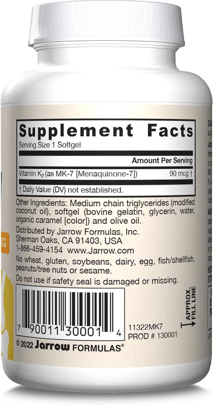 Jarrow Formulas MK-7 90 mcg - Bioactive Form of Vitamin K2-60 Servings (Softgels) - for Bone & Cardiovascular Health - Vitamin K2 MK-7 Dietary Supplement - K2 Vitamin Supplement MK-7 - Gluten Free
