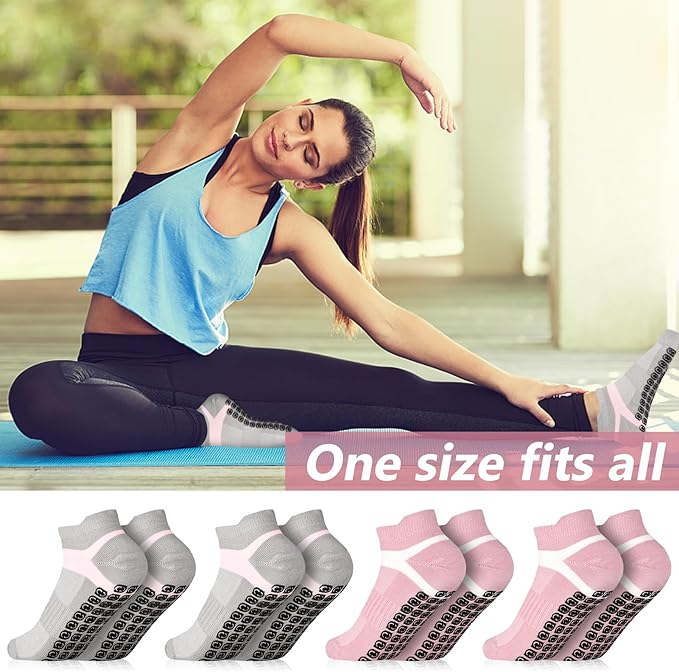 Jspupifip 4 Pairs Non Slip Yoga Socks with Grips for Women Men Pilates Grippy Socks Cotton Barre Hospital Home