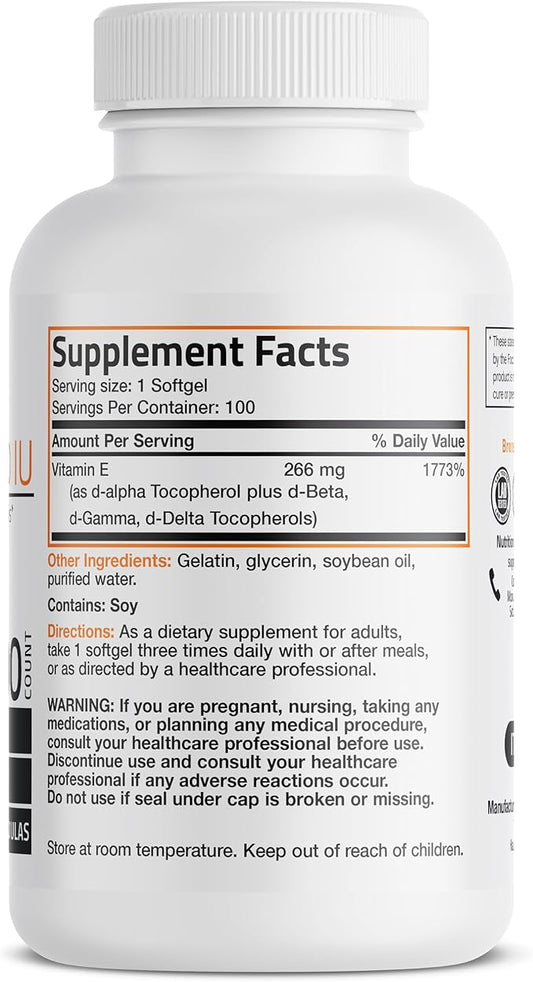 Bronson Natural Vitamin E Complex 400 I.U. Supplement (d-Alpha Tocopherol Plus d-Beta, d-Gamma, & d-Delta Tocopherols), Natural Antioxidant, 100 Softgels