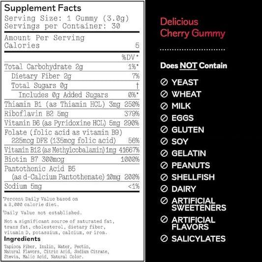 Barker Wellness Vitamin B-Complex Gummies | Energy & Metabolism Support | B1, B5, B6, B7, B9, B12 | Vegan, Sugar-Free | Cherry Flavor | 30 Gummies