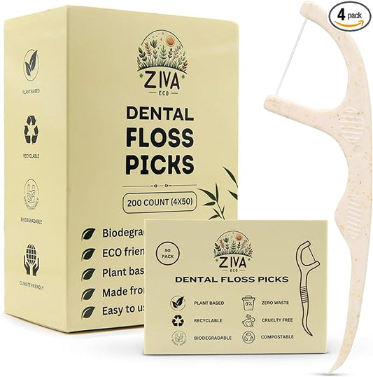 Biodegradable Dental Floss Picks for Teeth, 200 Count, Corn Straw Floss Picks, PFAS Free. Unflavored Flossers, Plant Based, Shred Resistant Floss for Adults & Kids