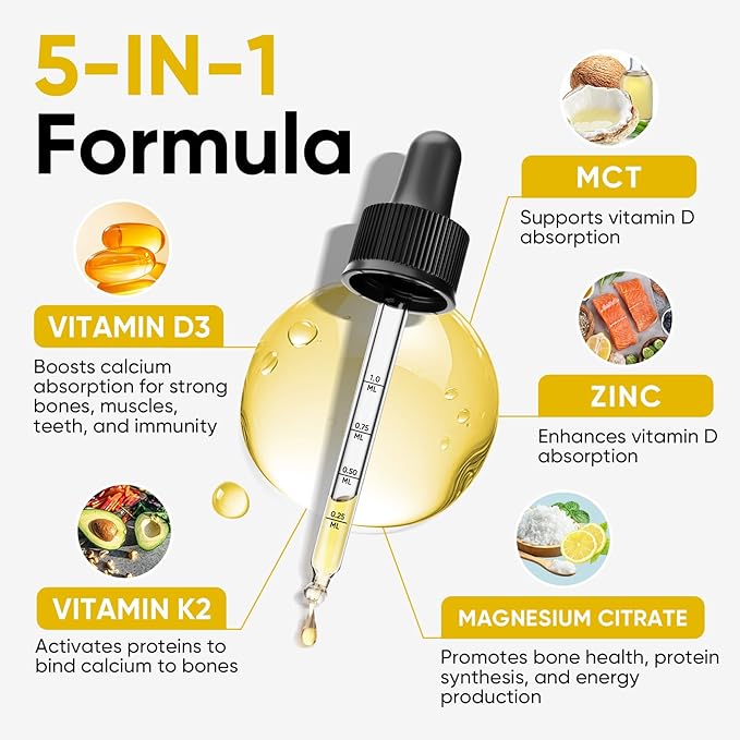 Venture Pal 5-in-1 Vitamin D3 10000 IU & K2 as MK-7 200mcg with Magnesium, MCT Oil, Zinc, Sugar-Free Vitamin D Liquid |Maximum Absorption for Bone, Mood & Immune Health - 2 FL OZ, 60 Days