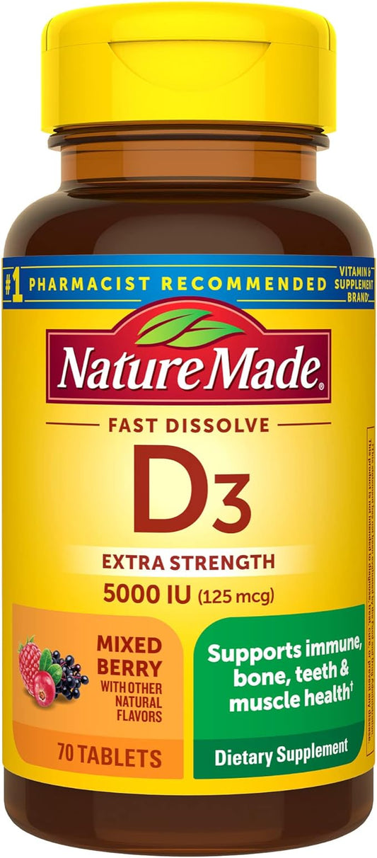 Nature Made Vitamin D3 5000 IU (125 mcg) Extra Strength, Vitamin D Supplement for Immune Support, 70 Sugar Free Fast Dissolve Tablets, 70 Day Supply