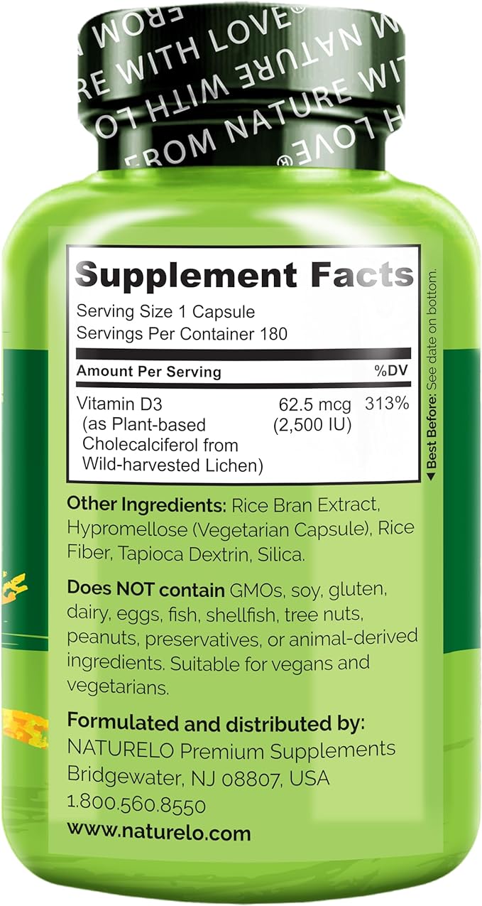 NATURELO Vitamin D - 2500 IU - Plant Based from Lichen - Natural D3 Supplement for Immune System, Bone Support, Joint Health - Vegan - Non-GMO - Gluten Free - 180 Capsules (Pack of 2)