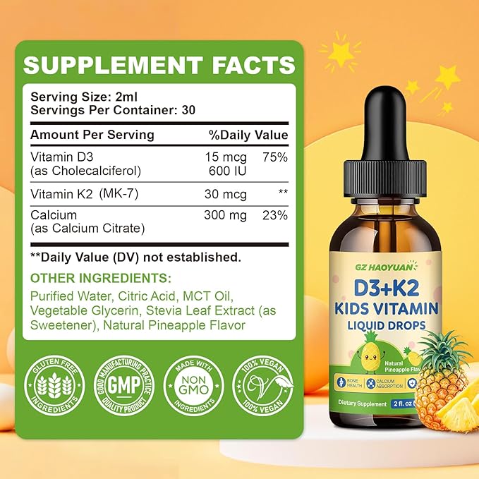 Kids Vitamin D3 K2 Drops, Vitamin D3 K2 (MK-7) Supplement with Calcium for Kids & Adults - Support Healthy Bones & Teeth, Calcium Absorption & Immunity, Sugar Free Pineapple Flavor 2 FL OZ