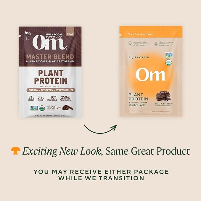 Om Master Blend Vegan Protein Powder, Chocolate, 21g of Plant Protein - Organic Mushroom Supplement with 10 Mushroom Complex, Ashwagandha, BCAAs and Vitamin B12 - Single Serve (10 Count)