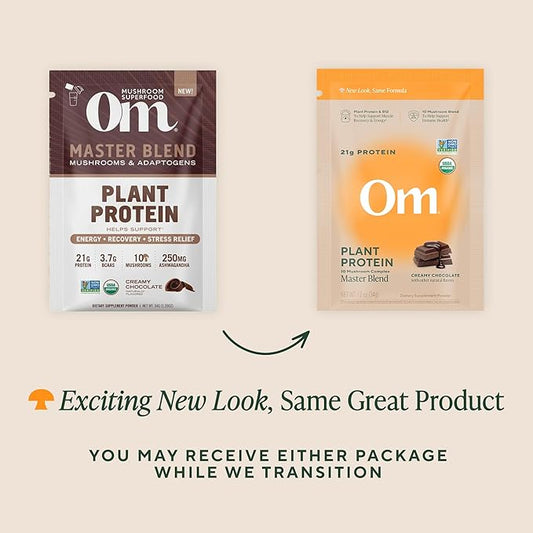 Om Master Blend Vegan Protein Powder, Chocolate, 21g of Plant Protein - Organic Mushroom Supplement with 10 Mushroom Complex, Ashwagandha, BCAAs and Vitamin B12 - Single Serve (10 Count)