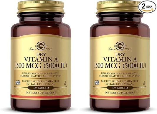 SOLGAR Dry Vitamin A 1500 mcg (5000 IU), 100 Tablets - Supports Healthy Eyes, Skin & Immune System - Non-GMO, Vegan, Gluten Free, Dairy Free, Kosher - 100 Servings (Pack of 2)