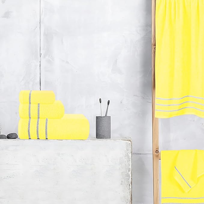 MyOwn Ultra Soft 6 Pack Cotton Towel Set, Contains 2 Bath Towels 28x55 inch, 2 Hand Towels 16x24 inch & 2 Wash Coths 12x12 inch, Ideal Everyday use, Compact & Lightweight - Lime Yellow, 71647