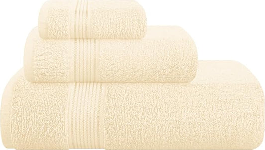 Belizzi Home Ultra Soft 3 Pack Cotton Towel Set, Contains a Bath Towel 28x55 inch, a Hand Towel 16x24 inch & a Wash Coth 12x12 inch, Ideal Everyday use, Compact & Lightweight - Ivory