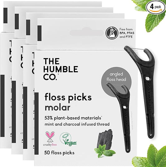 The Humble Co. Floss Picks (200 Count) – Plant Based Dental Floss Picks with Grip Handle for Superior Oral Care, Dental Hygiene, and Gum Health, Cruelty Free Tooth Floss Picks (Charcoal)