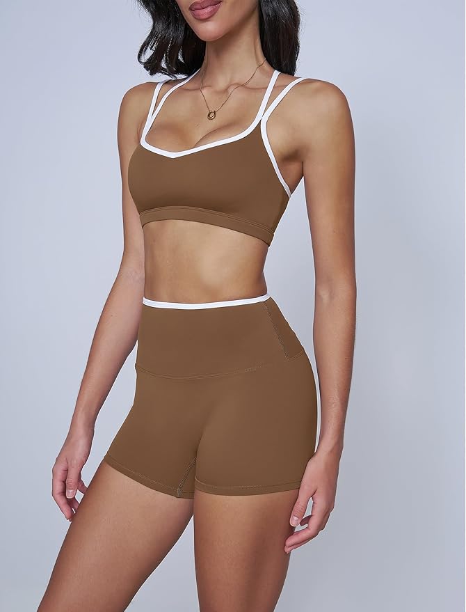 Workout Sets for Women 2 Piece Contrast Panel Sports Bra Tummy Control Butt lifting Shorts Jogger Outfits ﻿