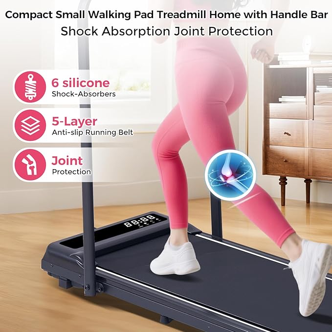 Walking Pad Treadmill with Handle Bar, Compact Portable Treadmills for Home Small, Electric Walking Pads with Handles, 3.5HP Quiet and LED Display, 400 LBS Capacity