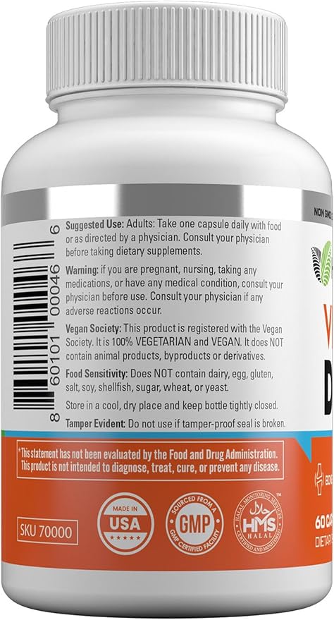Vitamins Vegan Vitamin D3+K2 (5000 IU + 100 MCG), Dietary Supplement for Bone, Teeth, Muscle and Immune Health Support, 2 Month Supply, Certified Halal, 60 Capsules, Made in The USA
