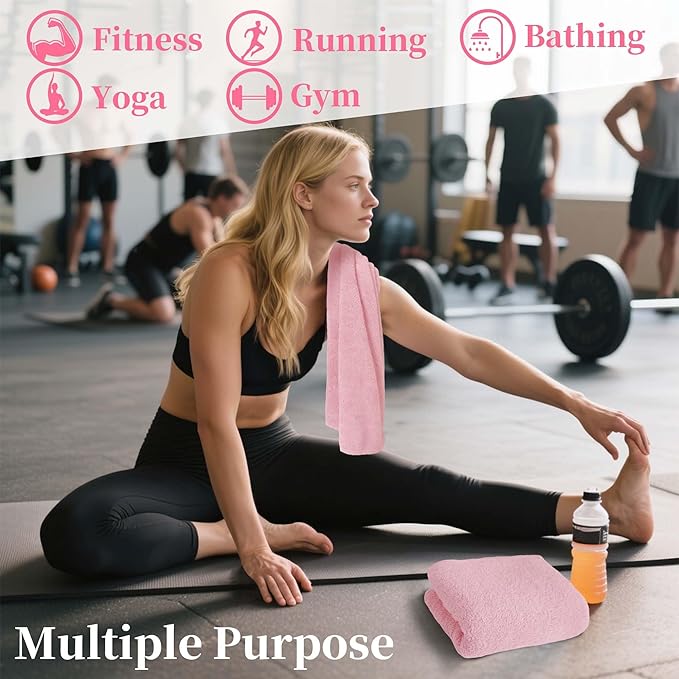 Workout Sweat Towels, Cotton Gym Towels Set of 2, 14"x48" - Absorbent | Breathable | Soft - Sports Towel for Men & Women, Exercise Towel for Yoga, Shower, Tennis, Running & Fitness, Pink