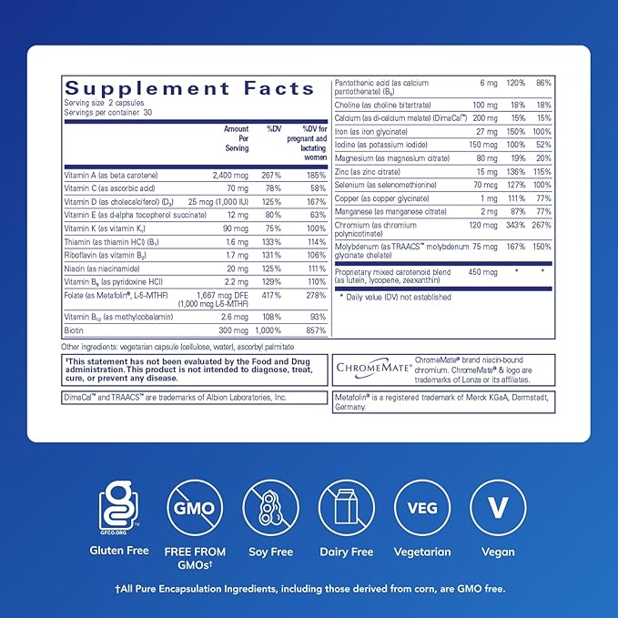 Pure Encapsulations PreNatal Nutrients - for Pregnancy & Lactation - Aids Energy & DNA Development* - with Folate, Choline & Iron - Gluten Free & Non-GMO - 60 Capsules