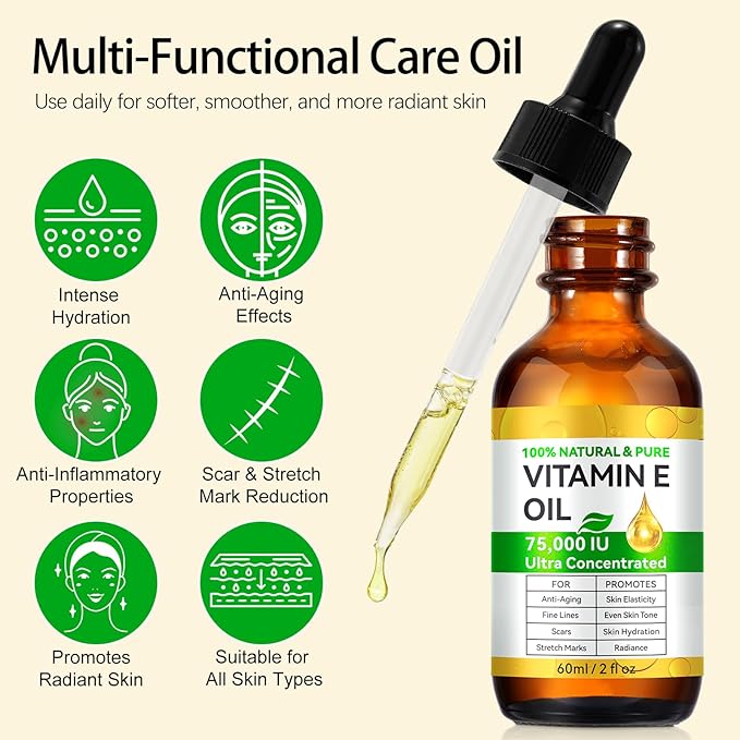WHLH & WELL-BEING Pure Vitamin E Oil for Skin Face Hair Scars, Blend 75,000 IU, Moisturizing Dry Skin Winkles Hair and Scalp Pack of 1