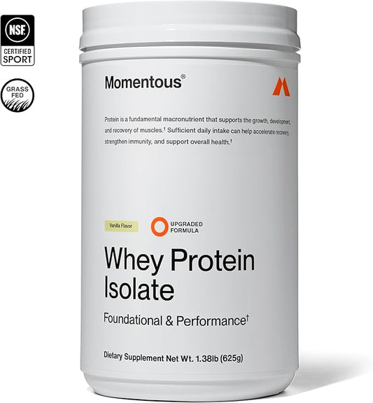 Momentous Essential Grass-Fed Whey Protein Powder - 20 g Whey Isolate Protein - NSF Certified for Sport - Gluten-Free - 24 Servings for Essential Everyday Use - Vanilla - Package May Vary