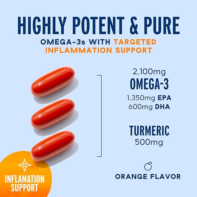Oceanblue 2100 Triple Strength Omega 3 Fish Oil with Turmeric | Burpless Omega 3 Combo Supplement with Curcumin EPA DHA DPA| Heart and Joint Support | 60 Softgels
