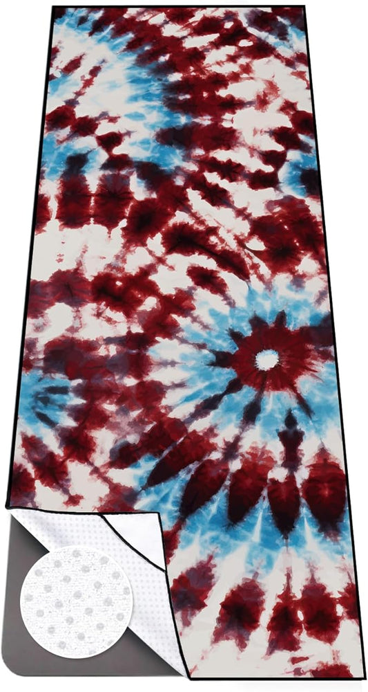 Colorful Star Yoga Towel with Corner Pockets, Non Slip Grip Dots Sweat Absorbent Hot Yoga Mat Towels, Soft Yoga Blankets with Travel Bag, Mat Cover for Workout, Gym, Fitness - 70"x26", Bold Tie-dye