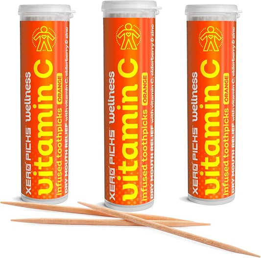 Xero Picks Wellness - Infused Flavored Toothpicks - Dry Mouth Prevention - 60 Picks - 3 Pack - Orange - Immunity Support - Vitamin C, Elderberry, Zinc