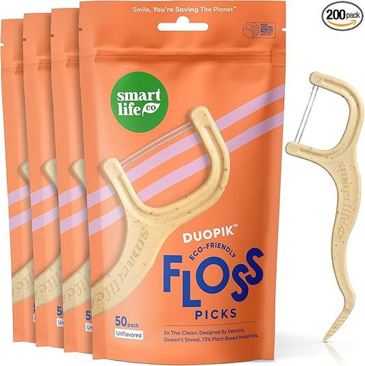 SmartLifeco Eco-Friendly Dual-Thread Dental Floss Picks (200ct) - Flossers Made with Straw Wheat Blend, Proven Anti-Shred for Tight Gaps, Tooth Pick Stick for Adults, Soft on Gum & Teeth, Unflavored