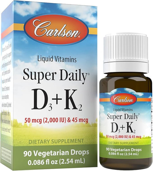 Carlson - Super Daily D3 + K2, 50 mcg D3 + 45 mcg MK-7, Heart & Bone Health, 90 Liquid Drops, 2.54 ml