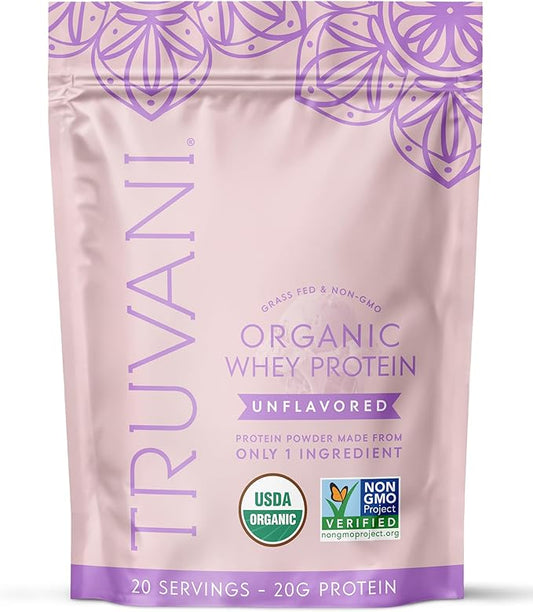 Truvani Organic Whey Protein Powder | Unflavored | 20g Grass Fed Whey Protein | 20 Servings | USDA Organic & Non-GMO | Gluten Free | No Gums, No Soy, No Stevia, No Added Sugars