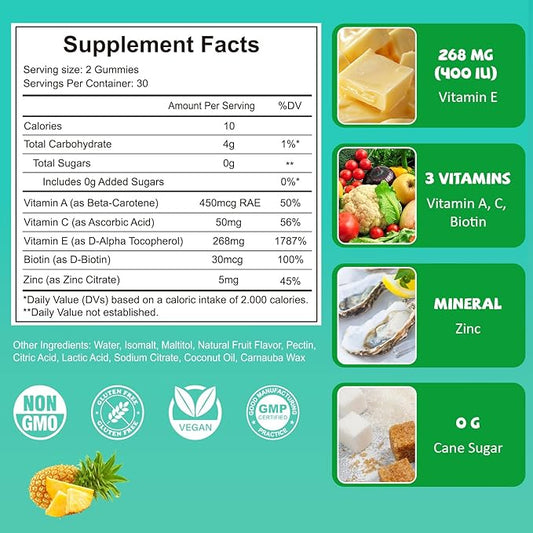 Vitamin E 400 IU Gummies for Women, Vitamin E Chewable Supplement with VIT A, C, Biotin, Zinc, Powerful Antioxidant, Skin & Hair Health, 60 Count