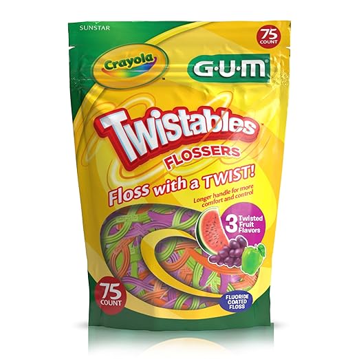 GUM Crayola Twistables Kids Flossers with Fluoride - Designed for Little Hands - Three Fun Fruit Flavors - Easy to Use Kids Floss Picks for Children Ages 3+, 75 Count