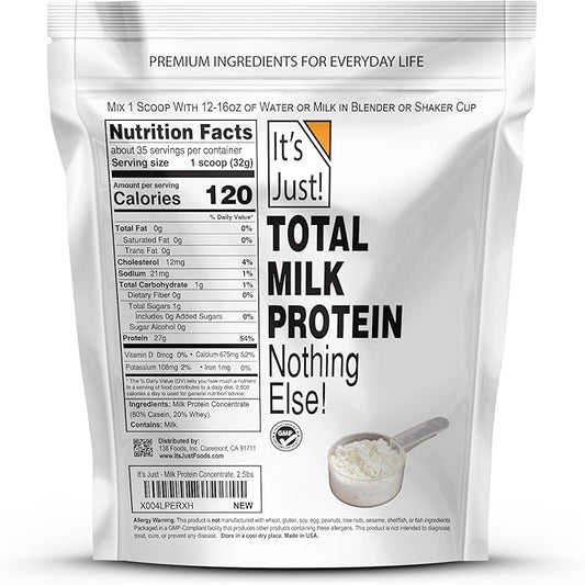 It's Just! - Total Milk Protein Concentrate Powder (Contains: 80% Casein / 20% Whey), Heavy Metal Tested, No Added Flavors, Non-GMO, Gluten Free (2.5 Pound, Unflavored)
