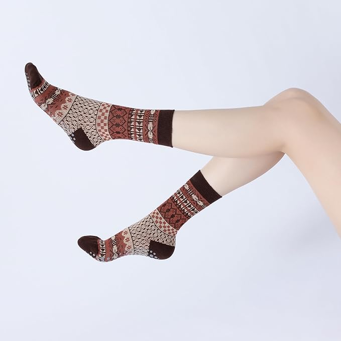 Yoga Pilates Socks with Grips for Women Knit Patterned Non Slip Cushioned Crew Socks for Barre Ballet Dance