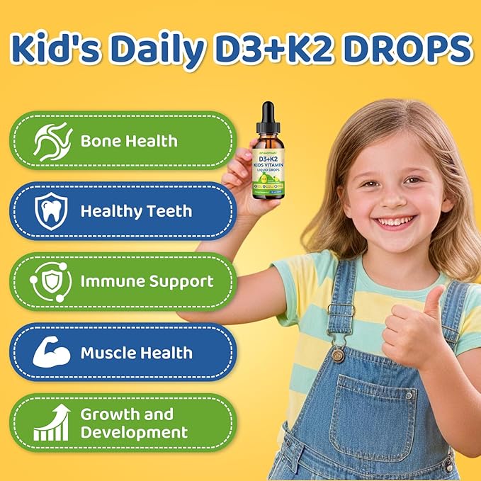 Kids Vitamin D3 K2 Drops, Vitamin D3 K2 (MK-7) Supplement with Calcium for Kids & Adults - Support Healthy Bones & Teeth, Calcium Absorption & Immunity, Sugar Free Pineapple Flavor 2 FL OZ