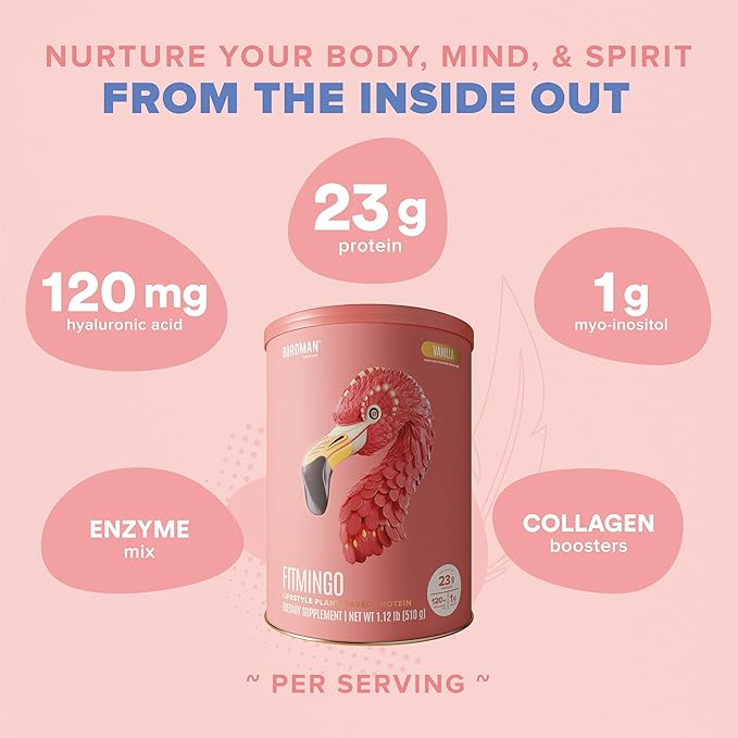 BIRDMAN Fitmingo Vegan Protein Powder with Inositol, Collagen Boosters, Hyaluronic Acid and Vitamins | Low Carb, Dairy Free, Low Calorie | 23g Plant Based Blueberry Protein Powder with Myo-Inositol