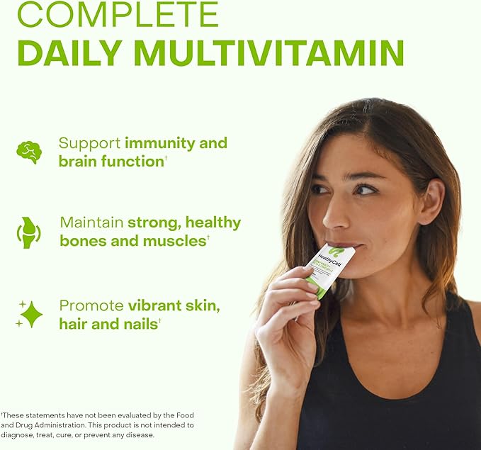 Healthycell Vegan Daily Multivitamin Liquid Supplement with Iron and Omega-3, 25+ Essential Vitamins, Minerals & Nutrients for Brain & Heart Health, Immune Support & Energy - 30 Gel Packs