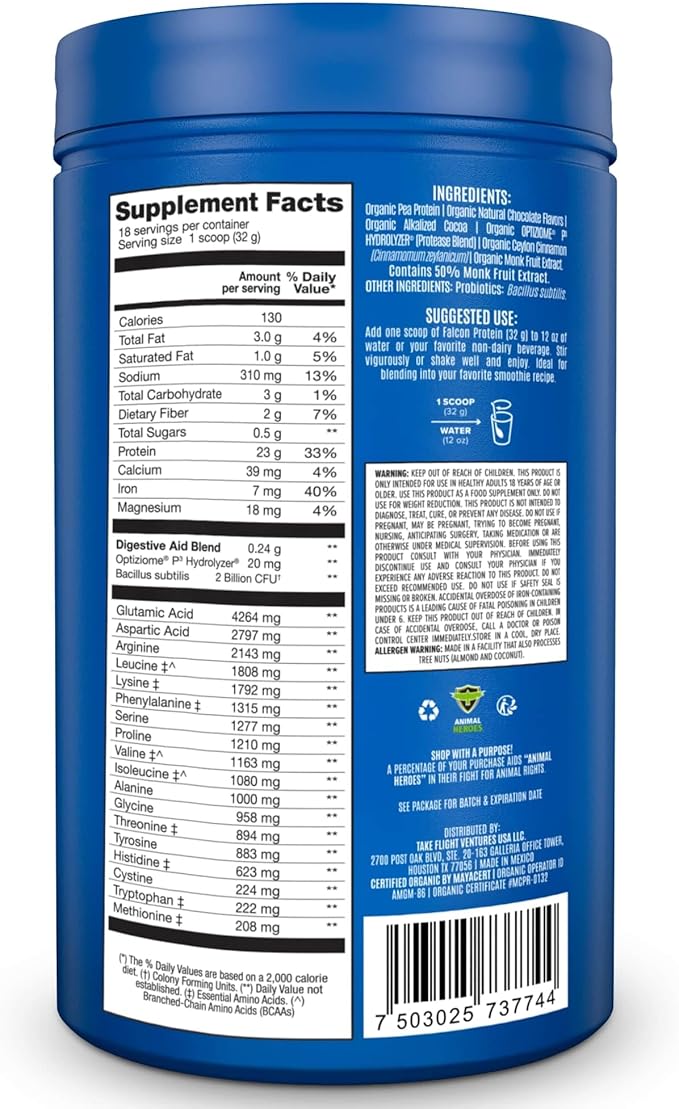 BIRDMAN Falcon Vegan Protein Powder Organic, Stevia & Sugar Free, Plant Based Protein, Low Carb, Dairy Free, Keto, Non Whey Protein, Probiotic, Pea Protein | Chocolate Flavor - 18 Servings - 1.32lb