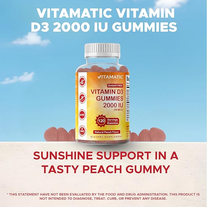 Vitamatic Sugar Free Vitamin D3 2000 IU - 120 Pectin Based Gummies - Great Taste - Healthy Bones, Mood & Immune System Function - Non-GMO - 120 Servings