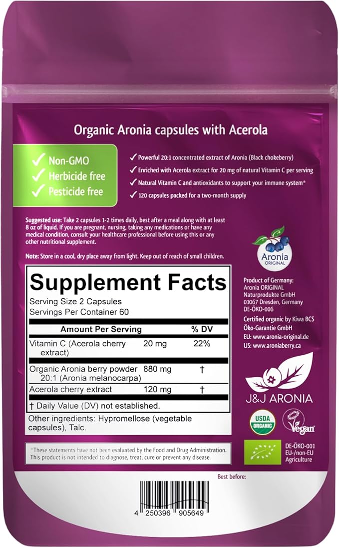 Aronia Berry Capsules Organic (60 Servings) | 17,600 mg Fresh Aronia Berries Equivalent & 120 mg Acerola Cherry Extract per Serving | High in Vitamin C & Antioxidants | Black Chokeberry Supplement