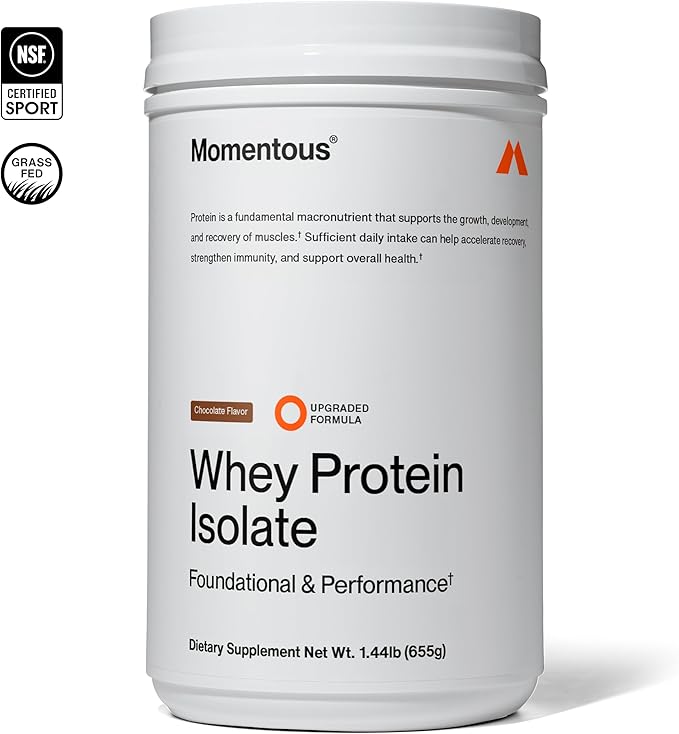 Momentous Essential Grass-Fed Whey Protein Powder - 655 g Whey Isolate Protein - NSF Certified for Sport - Gluten-Free - 25 Servings for Everyday Use - Chocolate - Package May Vary