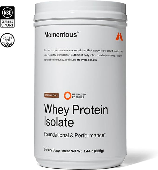 Momentous Essential Grass-Fed Whey Protein Powder - 655 g Whey Isolate Protein - NSF Certified for Sport - Gluten-Free - 25 Servings for Everyday Use - Chocolate - Package May Vary