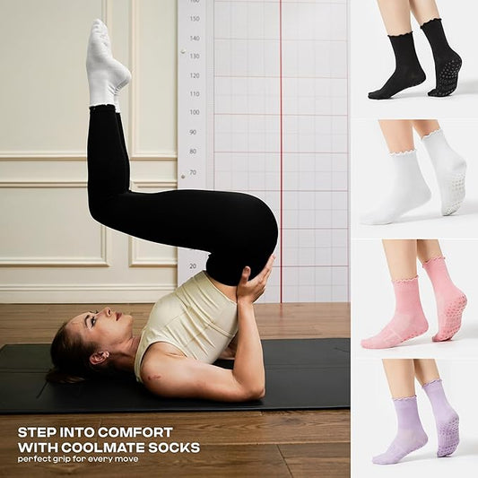 CoolMate 2/3/4 Pairs Pilates Socks with Grips for Women, Cute Yoga Socks, Crew Non Slip Women for Barre, Pilates Gifts