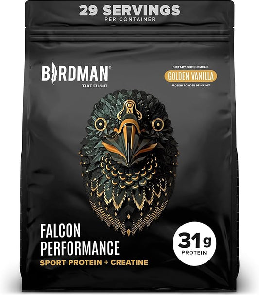 BIRDMAN Falcon Performance Vegan Protein Powder, 31g Protein, 5g Creatine, 5g BCAA, Probiotics, Electrolytes, Pre Workout, Low Carb, Sugar Free & Dairy Free, Plant Based Vanilla Protein, 29 Servings