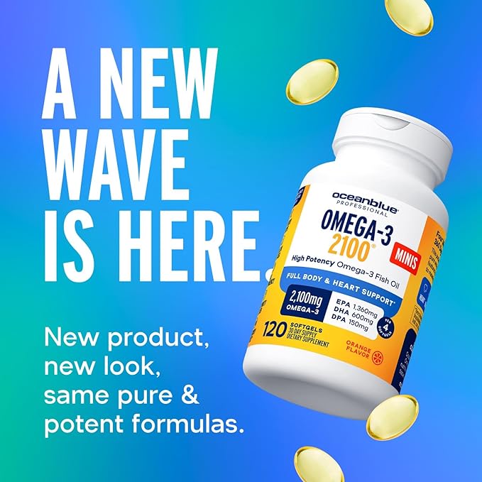 Oceanblue Omega 3 2100 Mini Small Softgels | Triple Strength with 1350MG EPA 600MG DHA 150MG DPA | Orange Flavor | 120 Count, No Burps