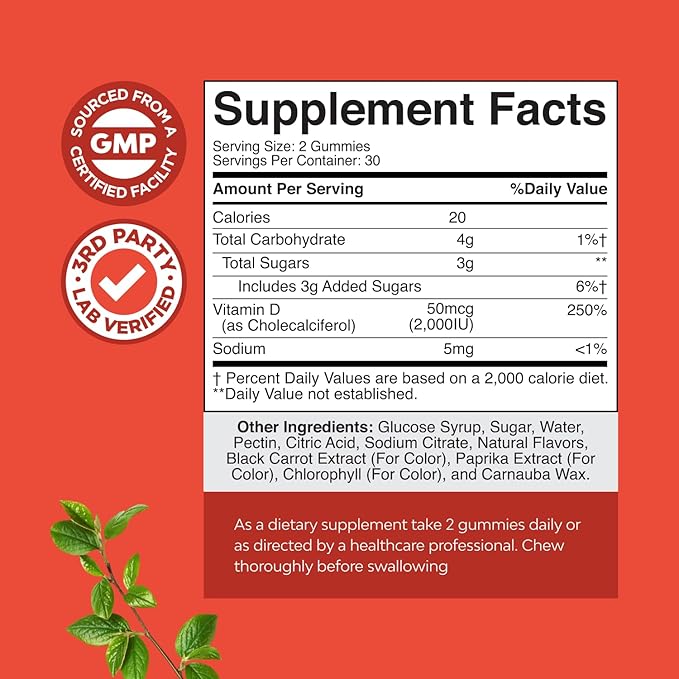 Natures Craft Vitamin D3 Gummies for Daily Wellness - Delicious D Adults with 2000IU per Serving Bone Muscle & Immune Support Non-GMO Gelatin Gluten Free (30 Day Supply)