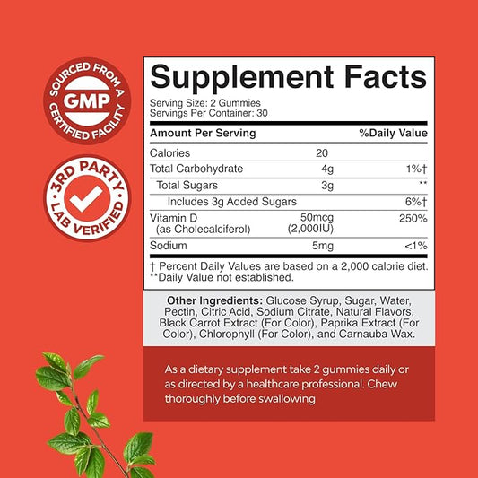 Natures Craft Vitamin D3 Gummies for Daily Wellness - Delicious D Adults with 2000IU per Serving Bone Muscle & Immune Support Non-GMO Gelatin Gluten Free (30 Day Supply)